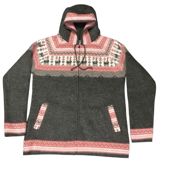 Tegidos Hooded Alpaca Sweater Jacket Gray Pink Hoodie Novelty Aztec XL - Picture 8 of 12